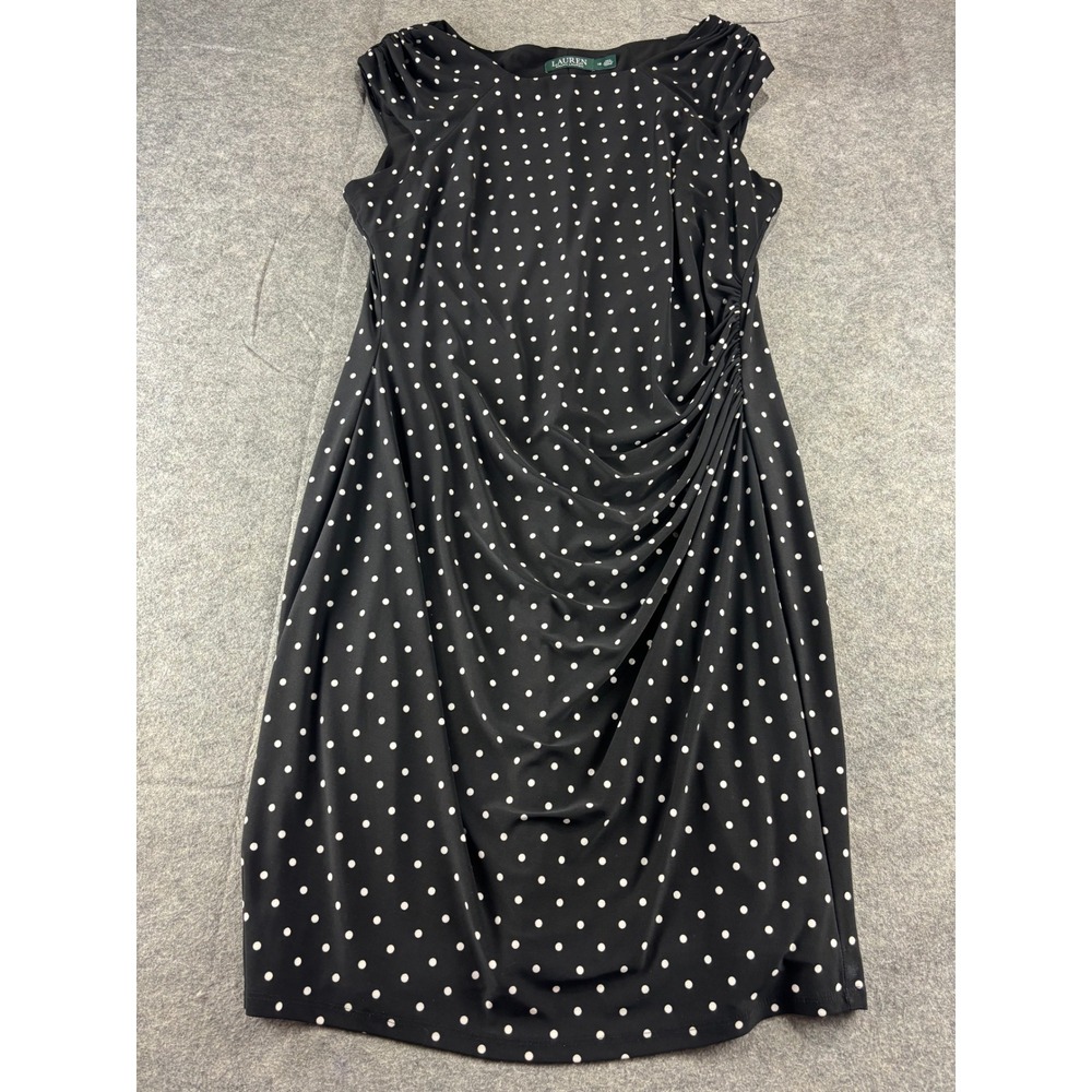 Lauren Ralph Lauren Black White Polka Dot Ruched Sheath Dress Size 18 Sleeveless